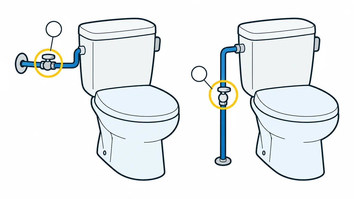 トイレの止水栓の位置。左は壁から出る給水管の途中、右は床から立ち上がる給水管の途中にある